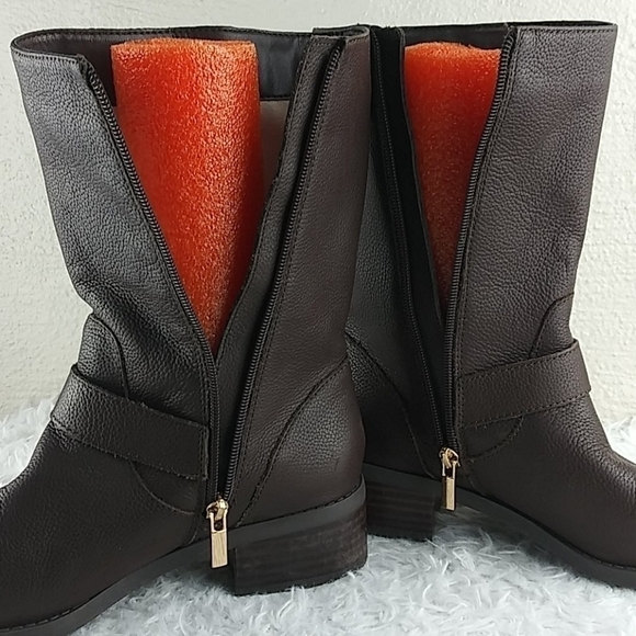 𝅺Sole Society Wylann Brown Leather Almond Toe Block Heel Mid Calf Harness Boot - Picture 5 of 16